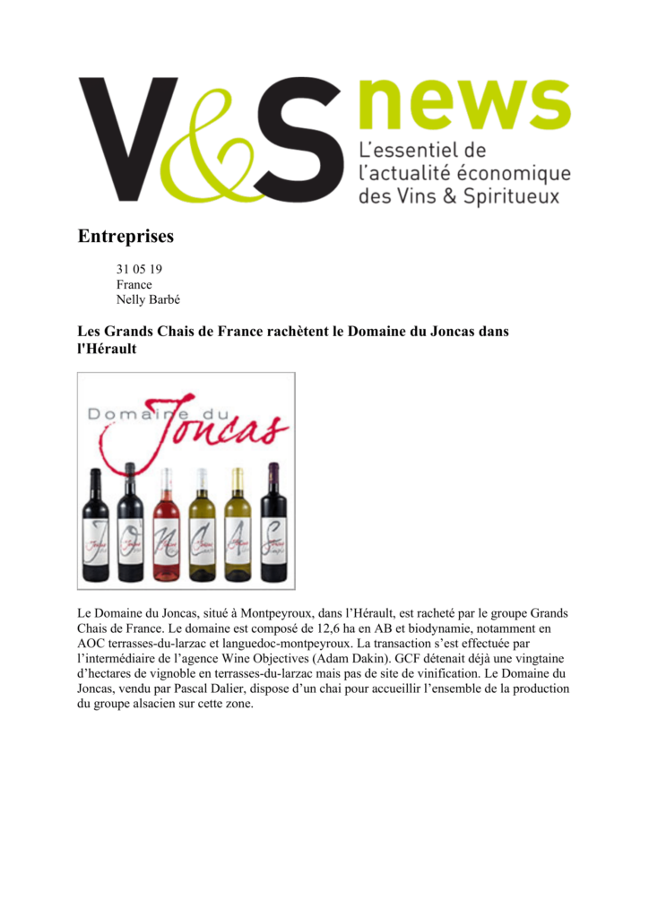 Grands Chais rachètent Domaine Joncas Hérault